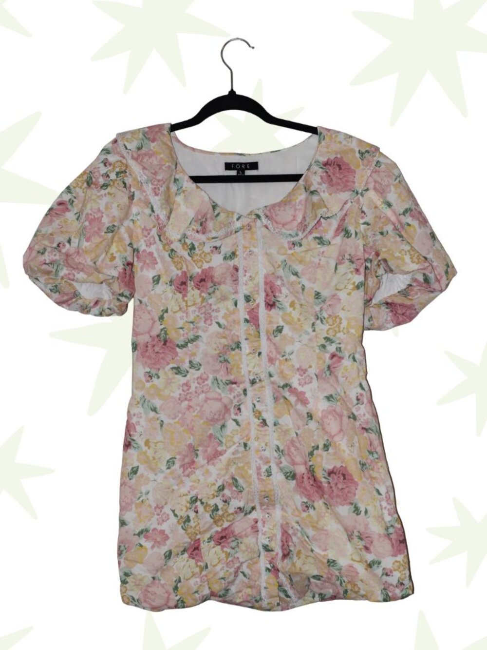 FORE cotton exterior floral ruffle button down mini dress puff sleeves L